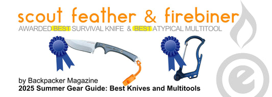 Scout Feather and Firebiner: awarded Best Survival Knife and Best Atypical Multitool by Backpacker Magazine