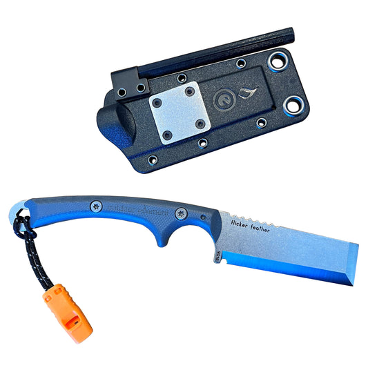 flicker feather by outdoor element is a chisel blade adventure survival knife perfect for creating tinder and lighting it with ferro rod built into the sheath