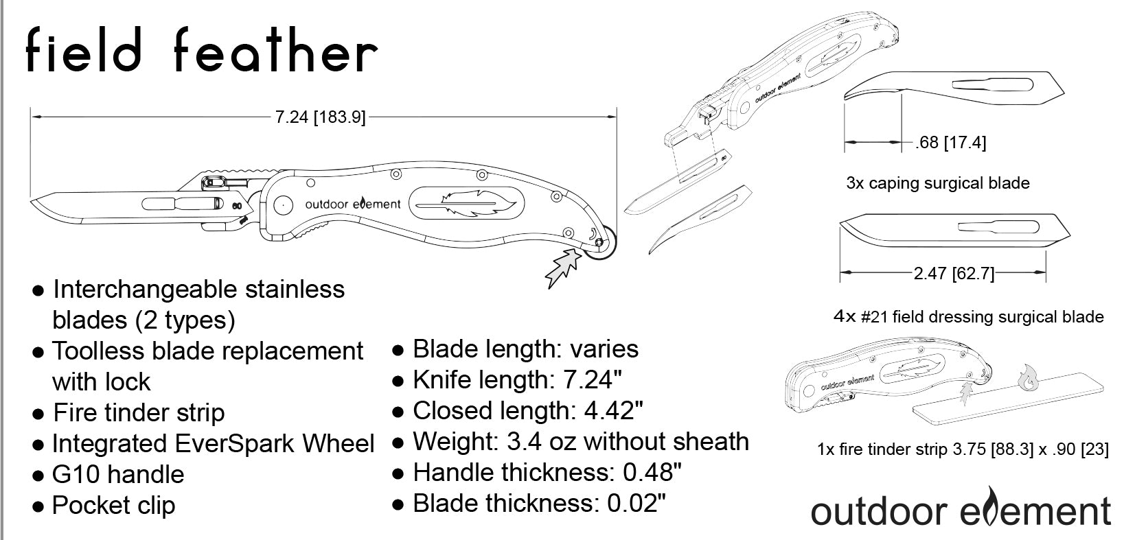 Technical diagram of field feather knife with specifications