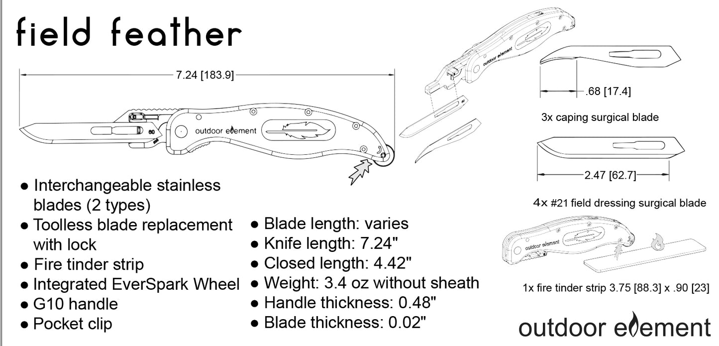 Technical diagram of field feather knife with specifications