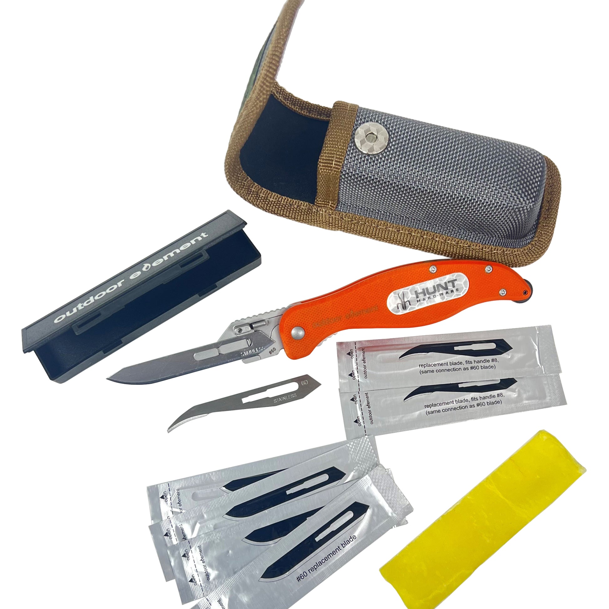 Field Feather by outdoor element comes with 2 types of replaceable blades, tinder sheets in carry-box, all within a durable nylon carry case with belt loop
