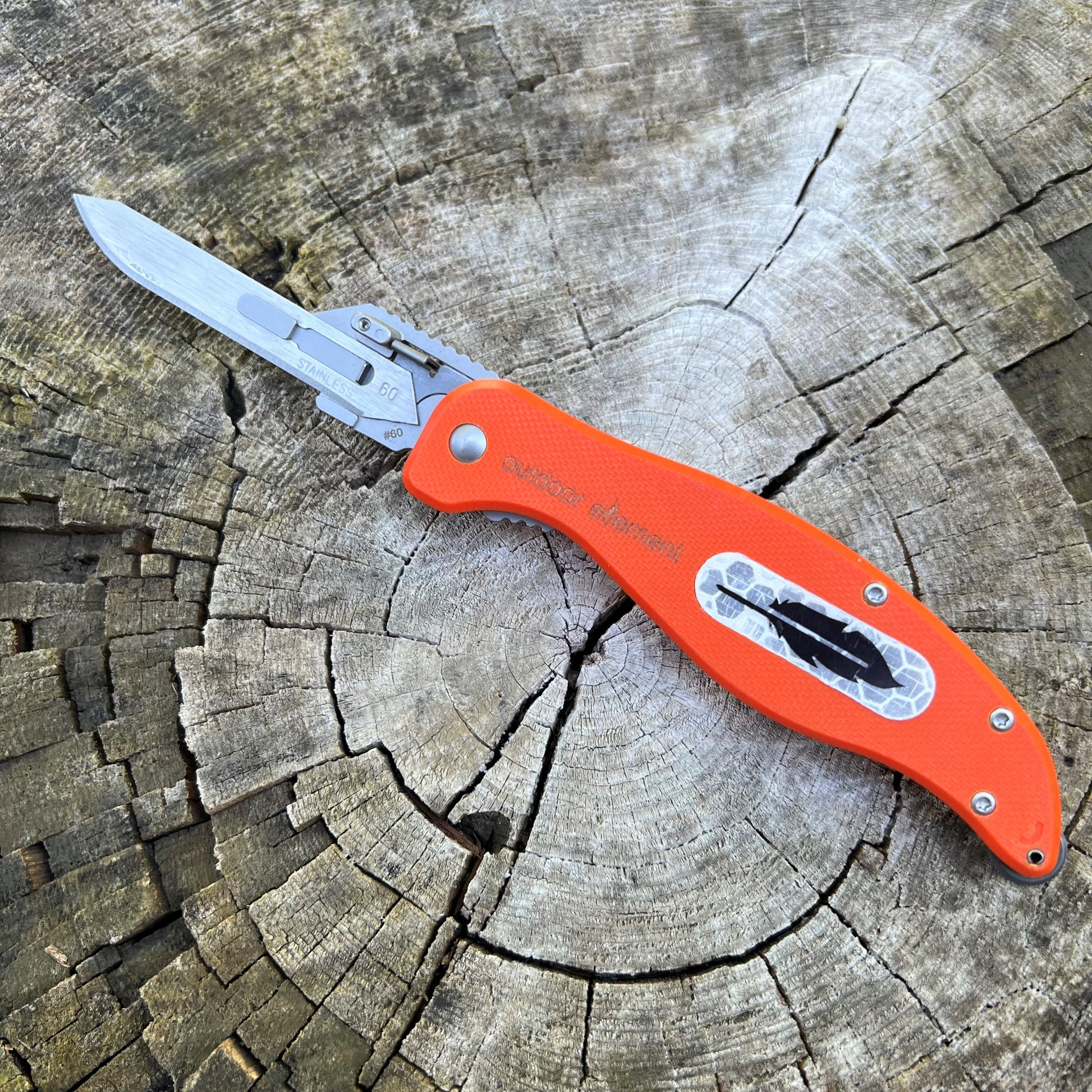 Field Feather by outdoor element, pictured on a wooden log