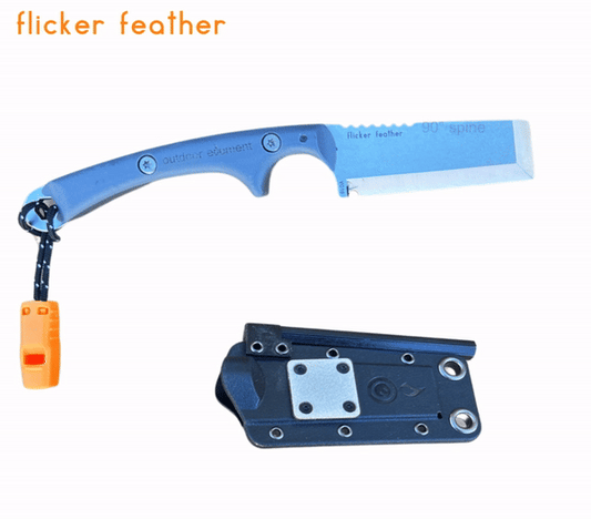 flicker feather by outdoor element is a chisel blade adventure survival knife perfect for creating tinder and lighting it with ferro rod built into the sheath