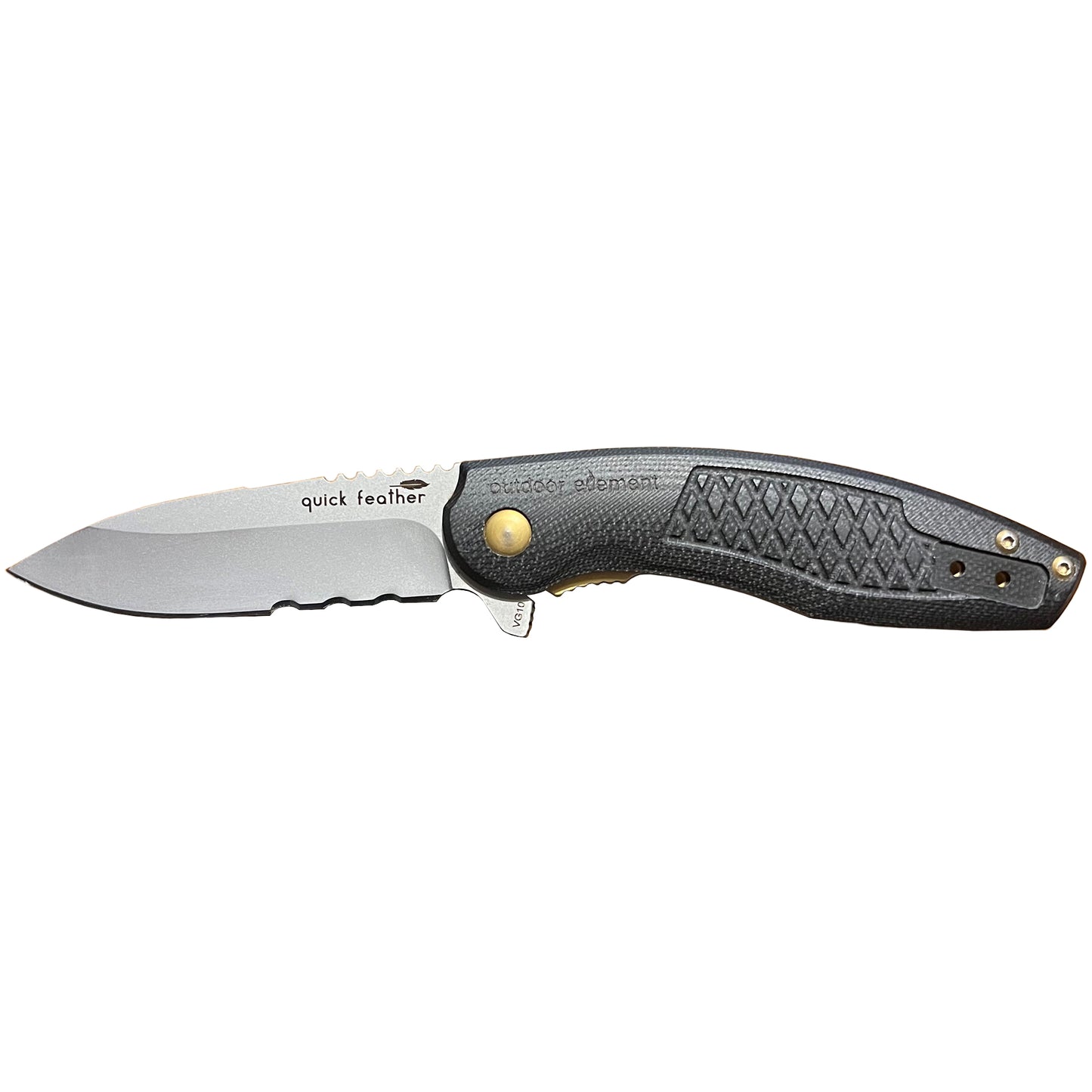quick feather edc knife by outdoor element, super smooth flipper knife with strong & sharp VG10 steel blade and durable G10 scales, reversible pocket clip. 90 degree cut spine will cast sparks against a ferro rod