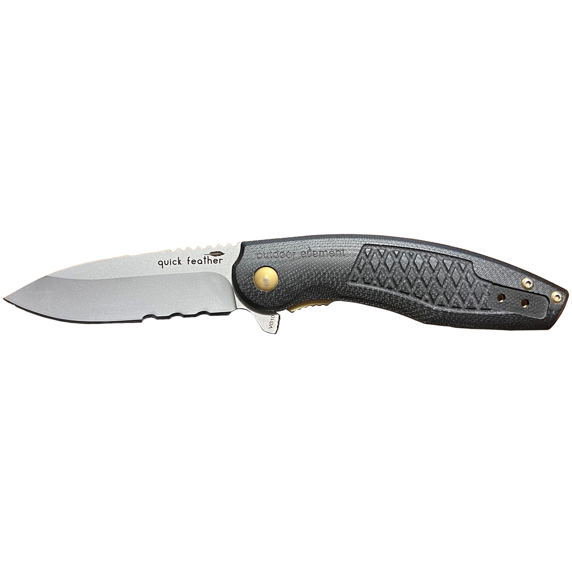 quick feather edc knife by outdoor element, super smooth flipper knife with strong & sharp VG10 steel blade and durable G10 scales, reversible pocket clip. 90 degree cut spine will cast sparks against a ferro rod