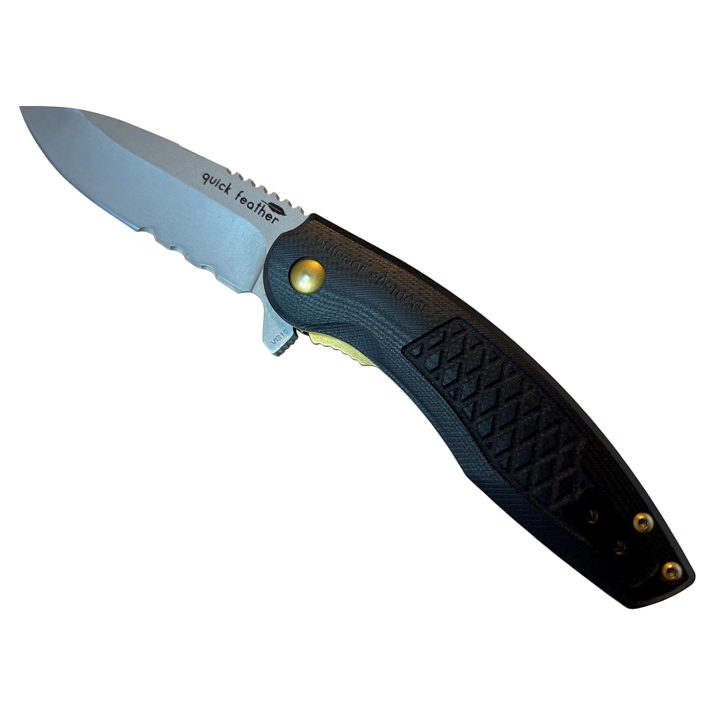 quick feather edc knife by outdoor element, super smooth flipper knife with strong & sharp VG10 steel blade and durable G10 scales, reversible pocket clip. 90 degree cut spine will cast sparks against a ferro rod