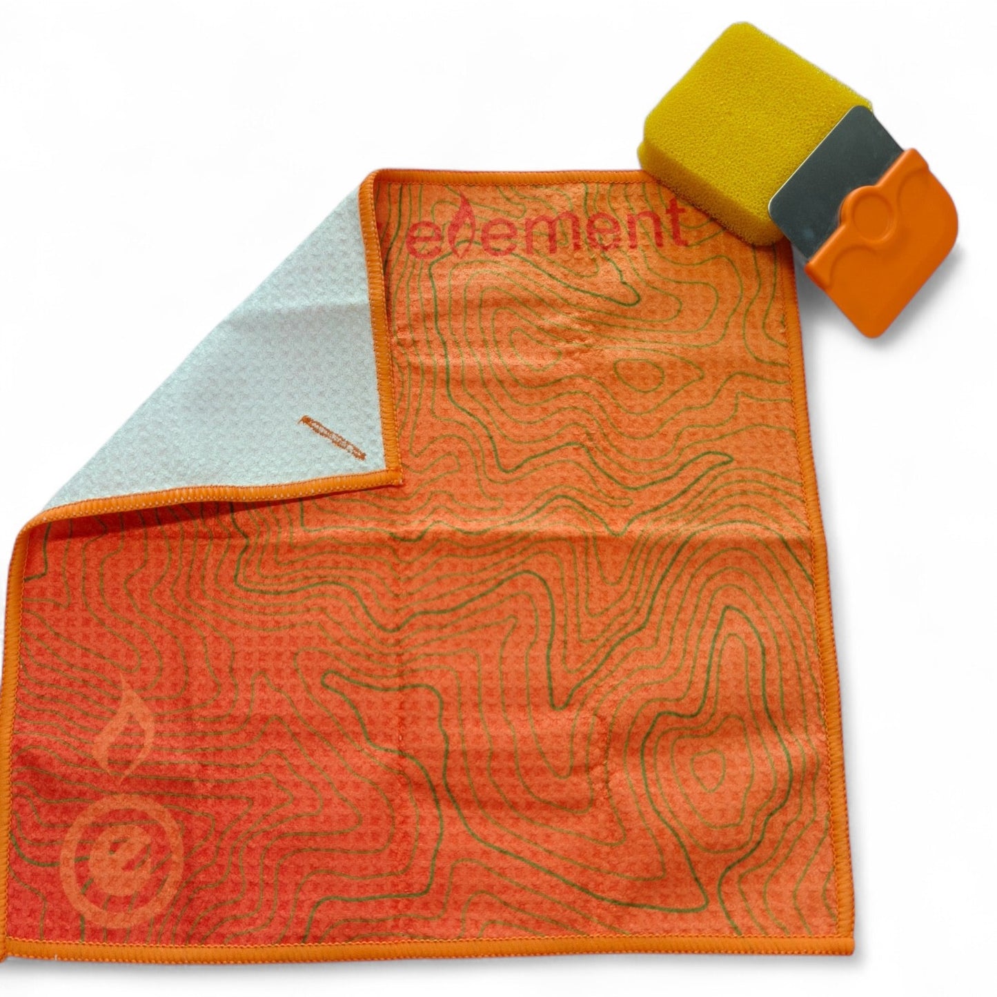 scrub n scrape towel (with button hole showing), silicone sponge and dual-edged scaper