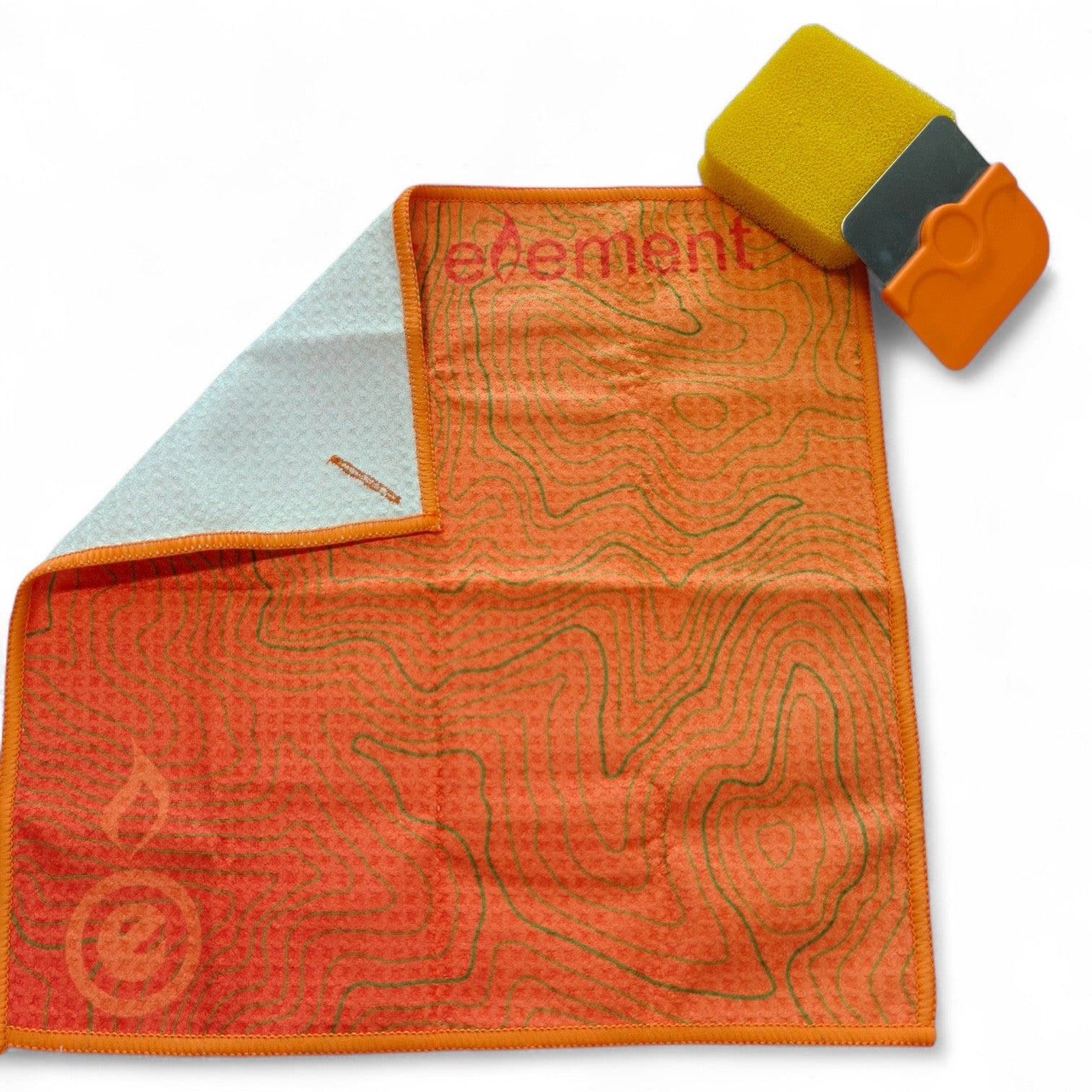 scrub n scrape towel (with button hole showing), silicone sponge and dual-edged scaper
