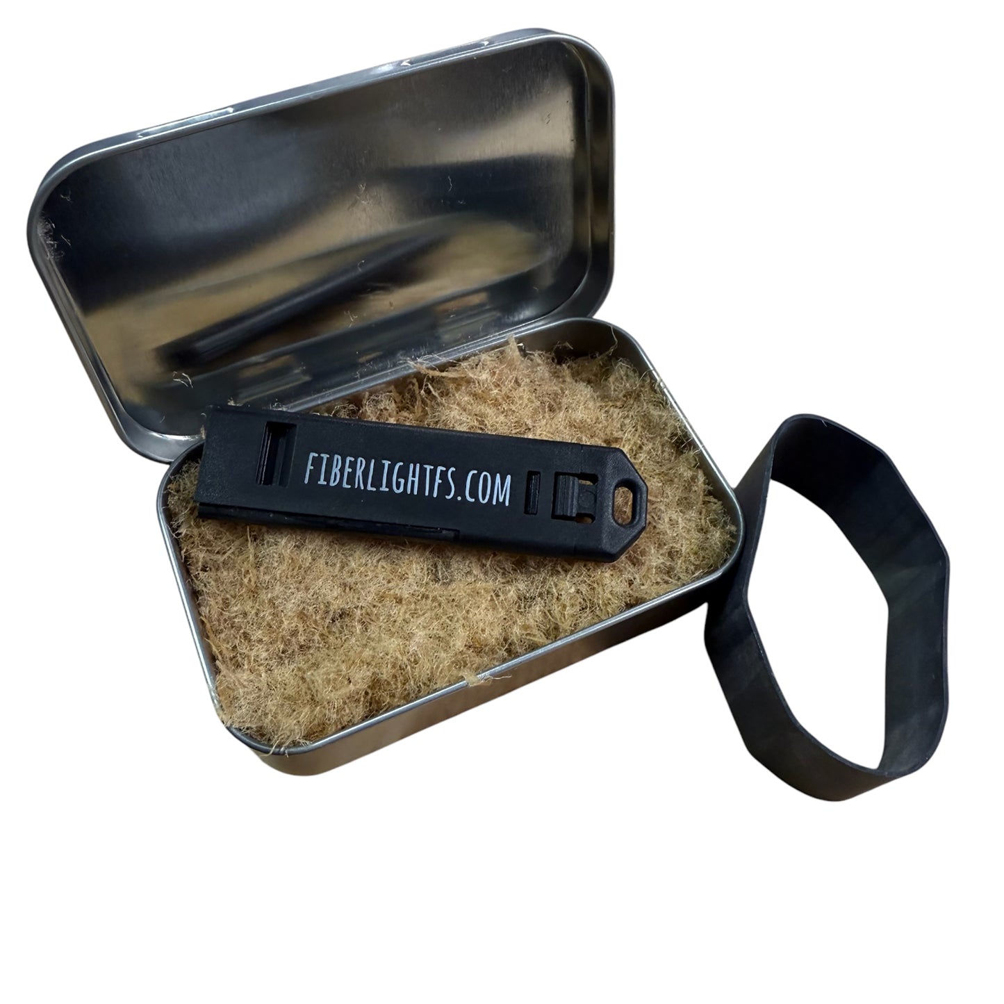 Fiber Light Fire Kit comes with ferro rod, striker and about .7 oz of fiber light tinder in a rectangular hinged tin sealed with a ranger band