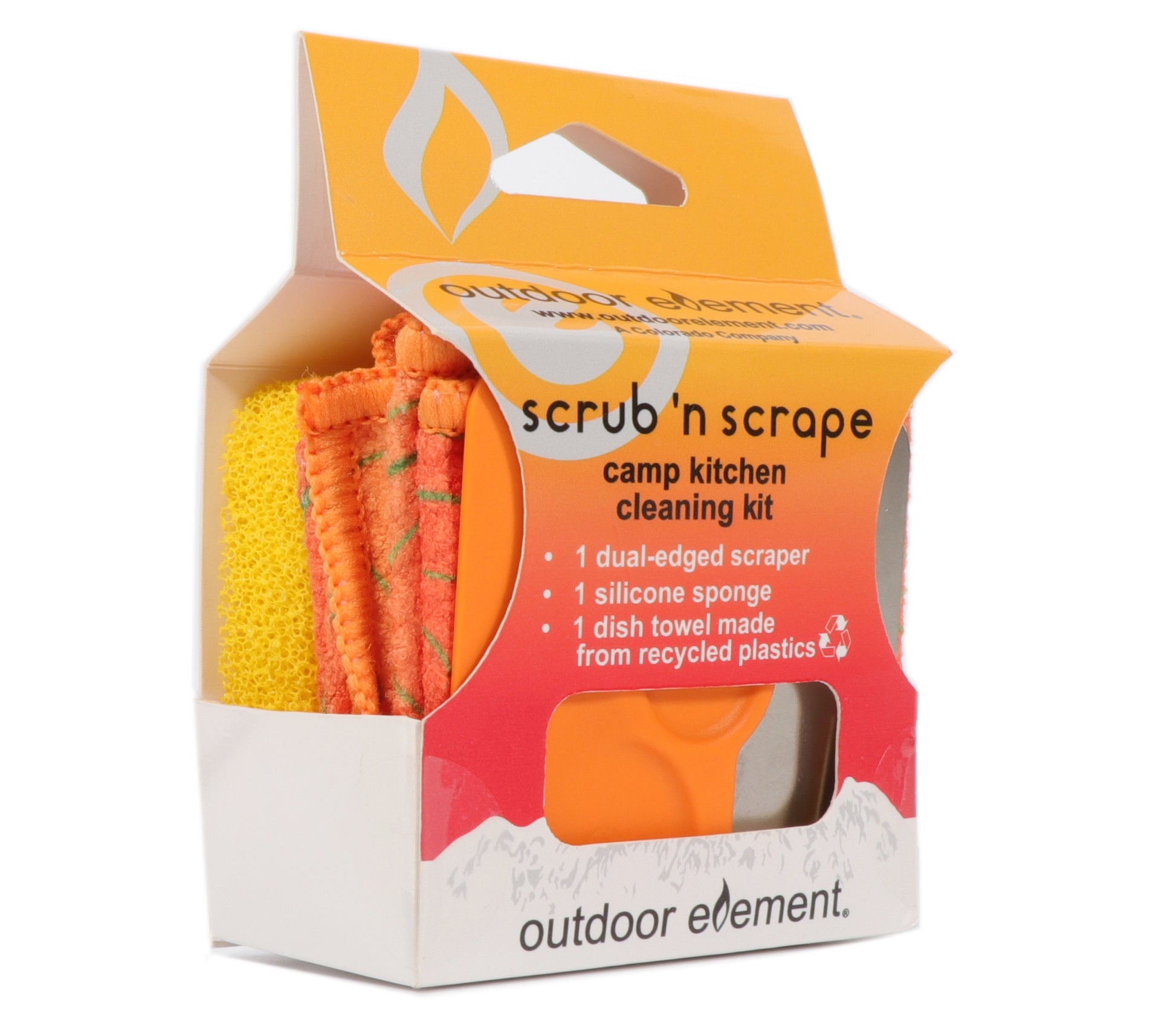 Outdoor Element's  scrub 'n scrape camp kitchen cleaning kit packaging