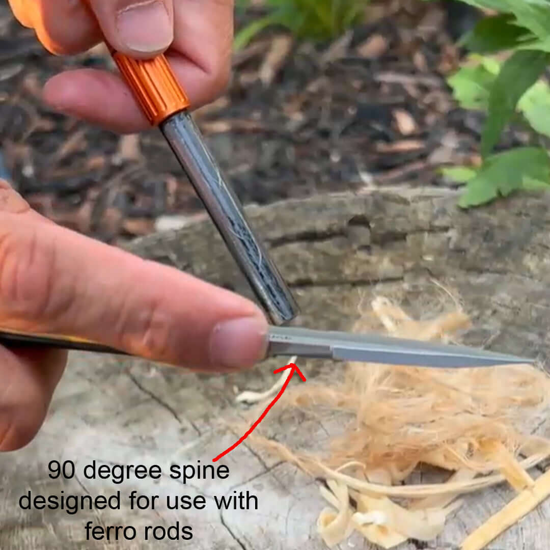 cast sparks easily using the 90 degree section of the spine against any ferro rod with the quick feather edc adventure knife by outdoor element