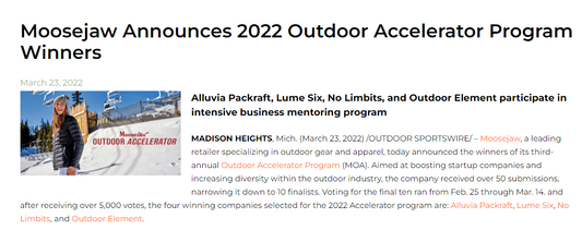 The 2022 Winners of the Moosejaw Outdoor Accelerator are Alluvia, Lume Six, No Limbits and Outdoor Element