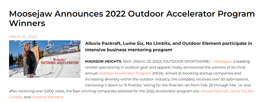 Outdoor Element is one of four winners of the 2022 Moosejaw Outdoor Accelerator!
