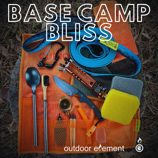 Base Camp Bliss bundle makes camping easy with the Scout Feather knife, Handled plus adaptor, Charlotte's Webbing, Firebiner, Omni-tensil, and the camp kitchen cleaning kit.