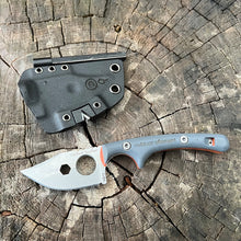 Load image into Gallery viewer, Contour Feather Adventure Survival Knife with sheath on wood
