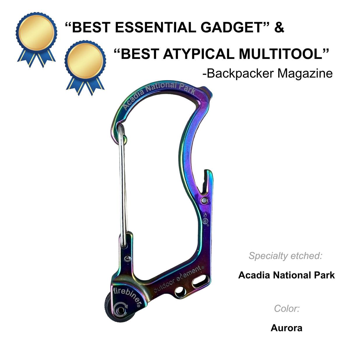 Firebiner fire-starting carabiner in Aurora, etched Acadia National Park, Backpacker Magazine Best Essential Gadget