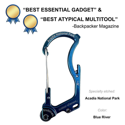 Firebiner fire-starting carabiner in Blue River, etched Acadia National Park, Backpacker Magazine Best Essential Gadget