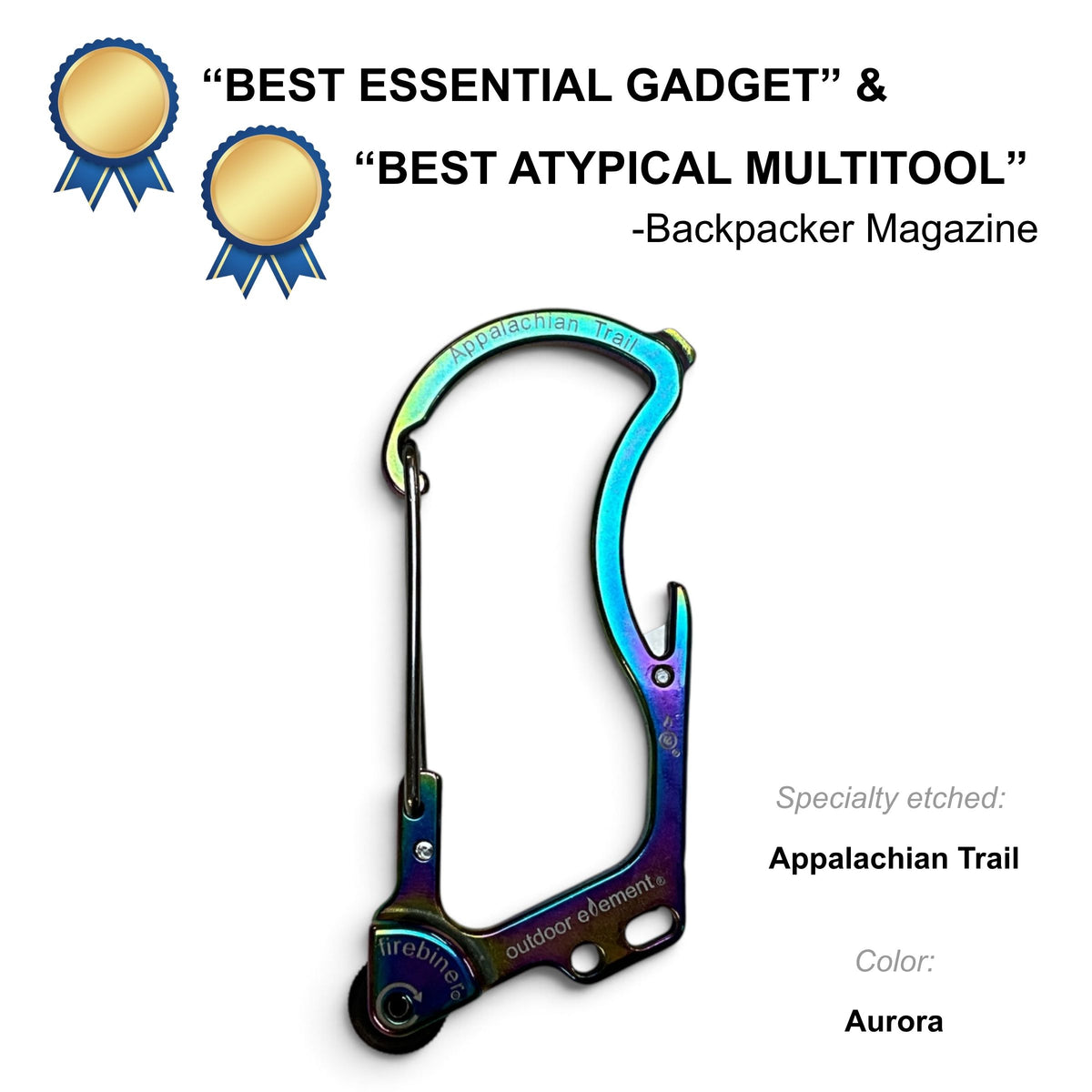 Firebiner fire-starting carabiner in Aurora, etched Appalachian Trail, Backpacker Magazine Best Essential Gadget