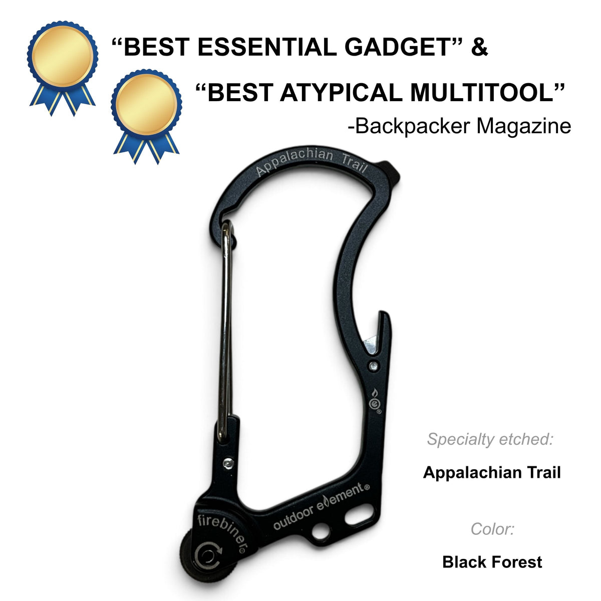 Firebiner fire-starting carabiner in Black Forest, etched Appalachian Trail, Backpacker Magazine Best Essential Gadget