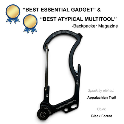 Firebiner fire-starting carabiner in Black Forest, etched Appalachian Trail, Backpacker Magazine Best Essential Gadget