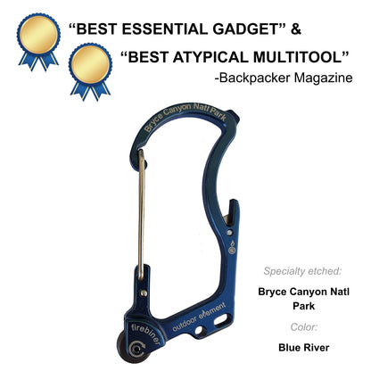 Firebiner fire-starting carabiner in Blue River, etched Bryce Canyon National Park, Backpacker Magazine Best Essential Gadget
