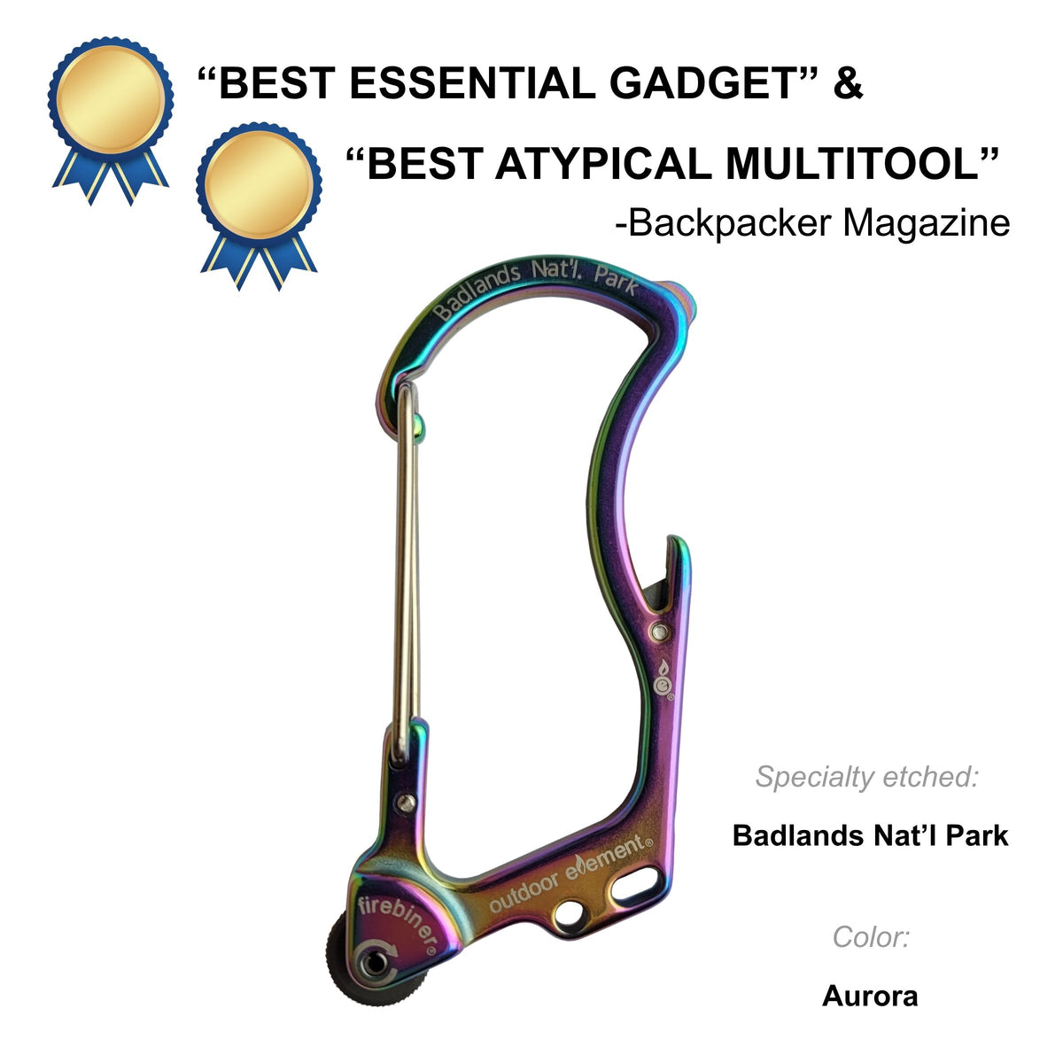 Firebiner fire-starting carabiner in Aurora, etched Badlands National Park, Backpacker Magazine Best Essential Gadget