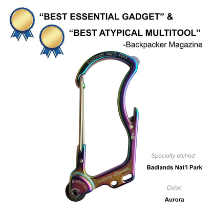 Firebiner fire-starting carabiner in Aurora, etched Badlands National Park, Backpacker Magazine Best Essential Gadget