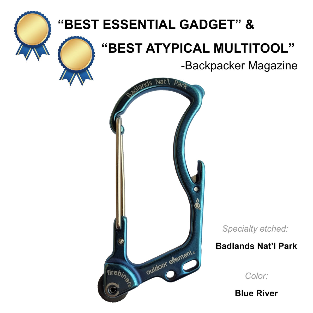 Firebiner fire-starting carabiner in Blue River, etched Badlands National Park, Backpacker Magazine Best Essential Gadget