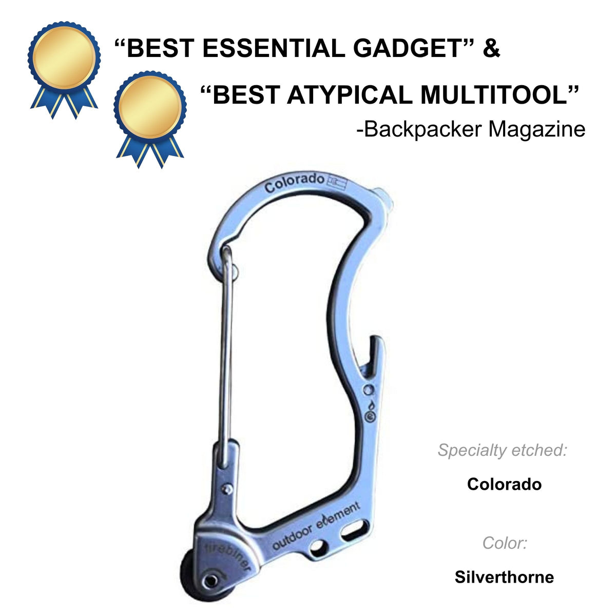 Firebiner fire-starting carabiner in Silverthorne, etched Colorado, Backpacker Magazine Best Essential Gadget