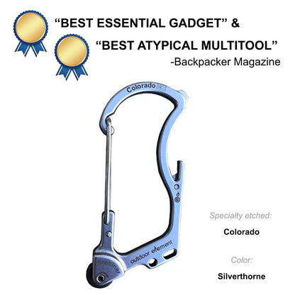 Firebiner fire-starting carabiner in Silverthorne, etched Colorado, Backpacker Magazine Best Essential Gadget