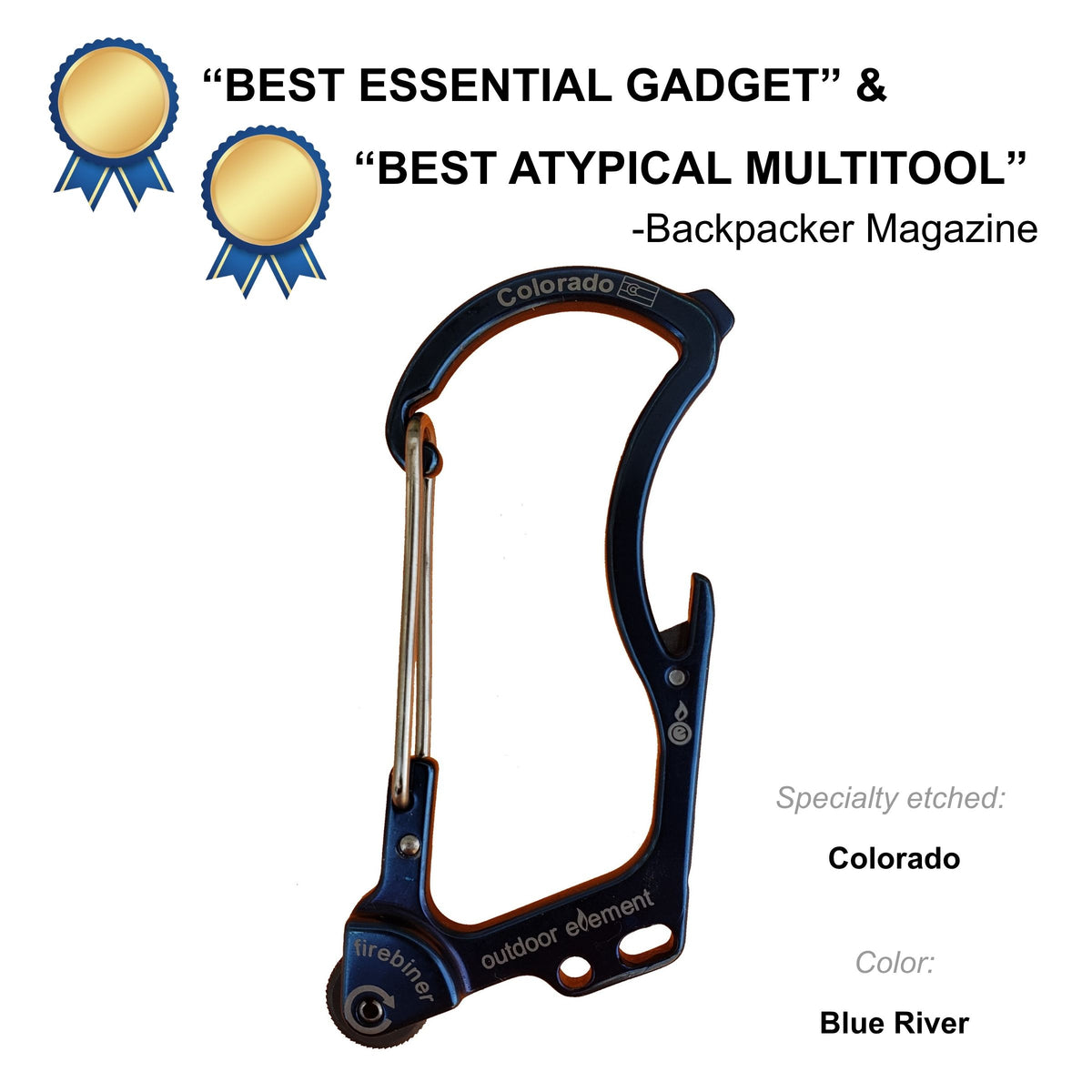 Firebiner fire-starting carabiner in Blue River, etched Colorado, Backpacker Magazine Best Essential Gadget