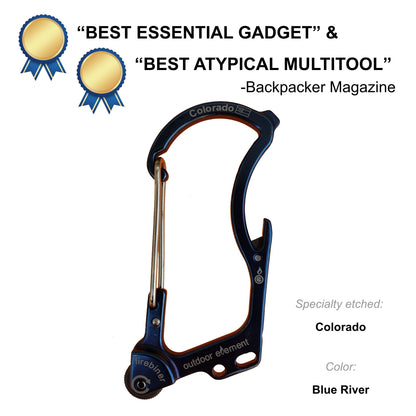Firebiner fire-starting carabiner in Blue River, etched Colorado, Backpacker Magazine Best Essential Gadget