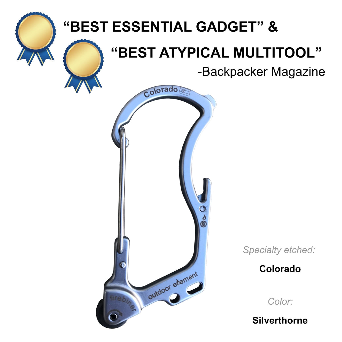 Firebiner fire-starting carabiner in Silverthorne, etched Colorado, Backpacker Magazine Best Essential Gadget