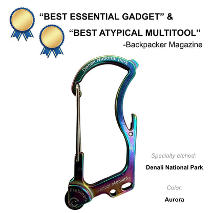 Firebiner fire-starting carabiner in Aurora, etched Denali National Park, Backpacker Magazine Best Essential Gadget