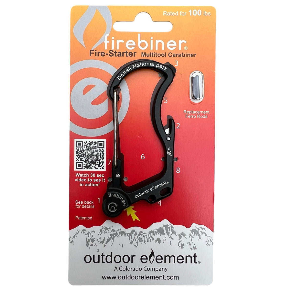 Firebiner etched Denali National Park in black, in retail packaging with replacement ferro rods