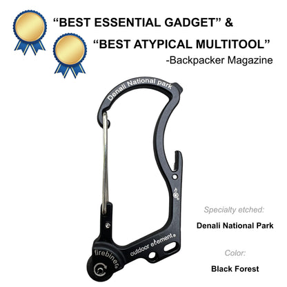 Firebiner fire-starting carabiner in Black Forest, etched Denali National Park, Backpacker Magazine Best Essential Gadget