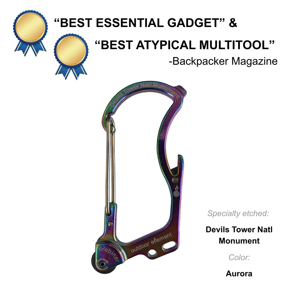 Firebiner fire-starting carabiner in Aurora, etched Devils Tower National Monument, Backpacker Magazine Best Essential Gadget
