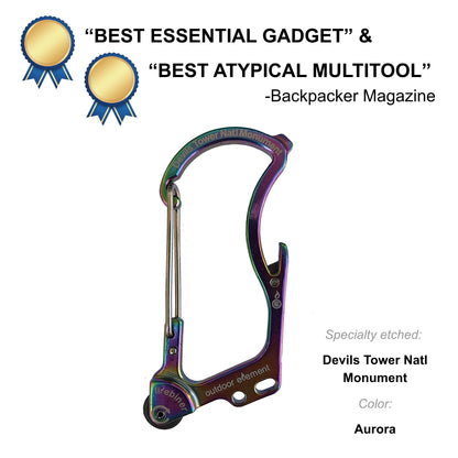 Firebiner fire-starting carabiner in Aurora, etched Devils Tower National Monument, Backpacker Magazine Best Essential Gadget