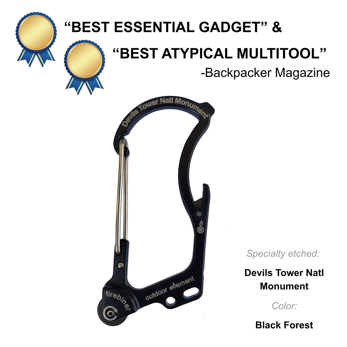 Firebiner fire-starting carabiner in Black Forest, etched Devils Tower National Monument, Backpacker Magazine Best Essential Gadget