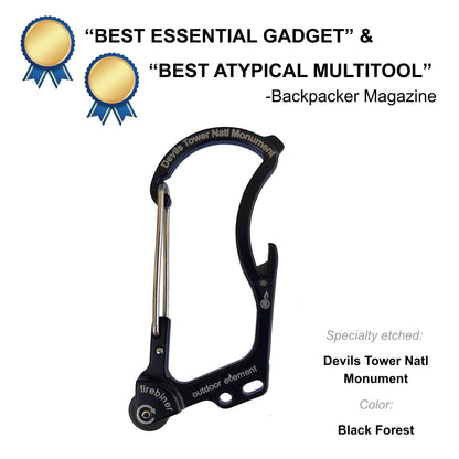 Firebiner fire-starting carabiner in Black Forest, etched Devils Tower National Monument, Backpacker Magazine Best Essential Gadget