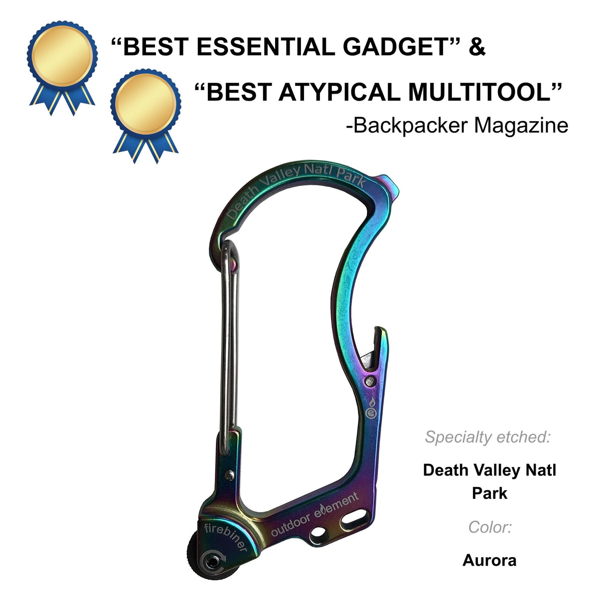 Firebiner fire-starting carabiner in Aurora, etched Death Valley National Park, Backpacker Magazine Best Essential Gadget