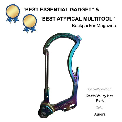 Firebiner fire-starting carabiner in Aurora, etched Death Valley National Park, Backpacker Magazine Best Essential Gadget
