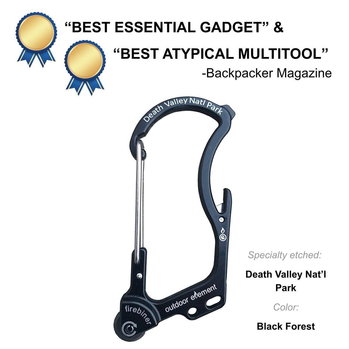 Firebiner fire-starting carabiner in Black Forest, etched Death Valley National Park, Backpacker Magazine Best Essential Gadget