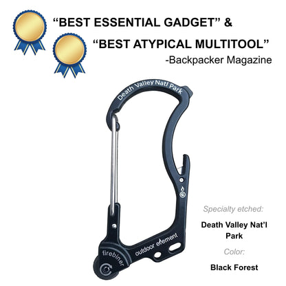 Firebiner fire-starting carabiner in Black Forest, etched Death Valley National Park, Backpacker Magazine Best Essential Gadget