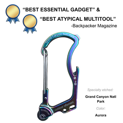 Firebiner fire-starting carabiner in Aurora, etched Grand Canyon National Park, Backpacker Magazine Best Essential Gadget