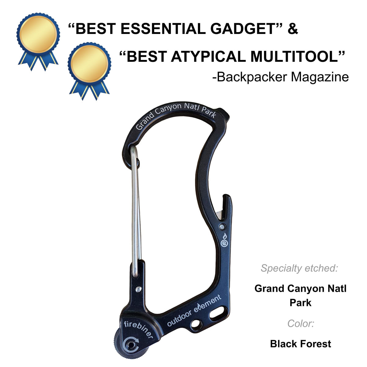 Firebiner fire-starting carabiner in Black Forest, etched Grand Canyon National Park, Backpacker Magazine Best Essential Gadget
