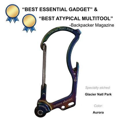 Firebiner fire-starting carabiner in Aurora, etched Glacier National Park, Backpacker Magazine Best Essential Gadget