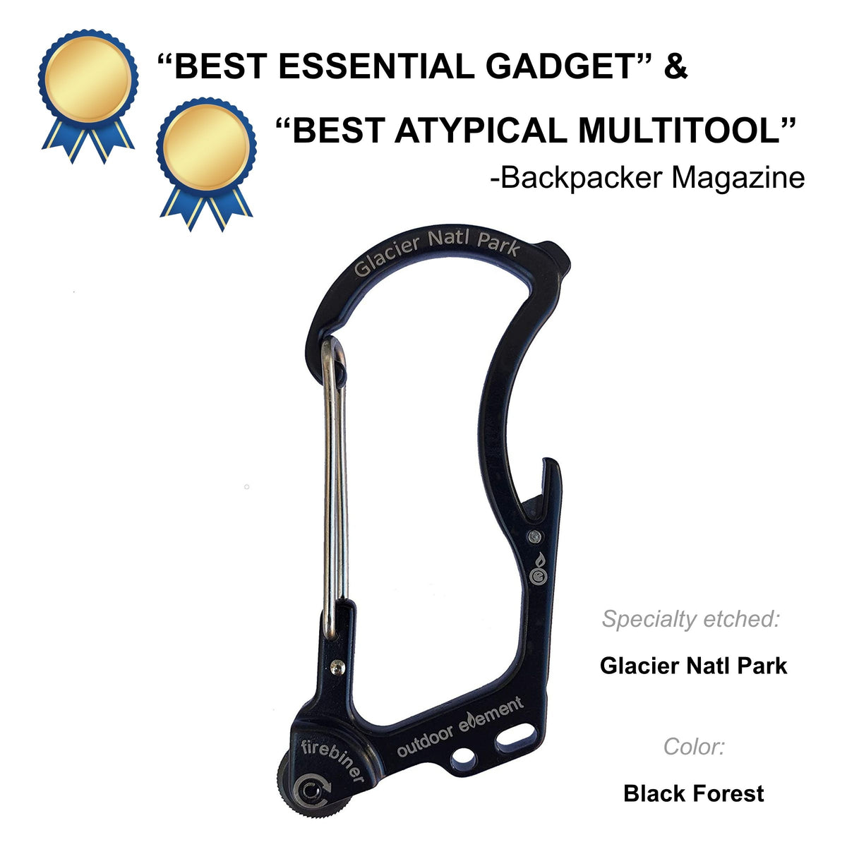 Firebiner fire-starting carabiner in Black Forest, etched Glacier National Park, Backpacker Magazine Best Essential Gadget