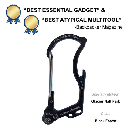 Firebiner fire-starting carabiner in Black Forest, etched Glacier National Park, Backpacker Magazine Best Essential Gadget