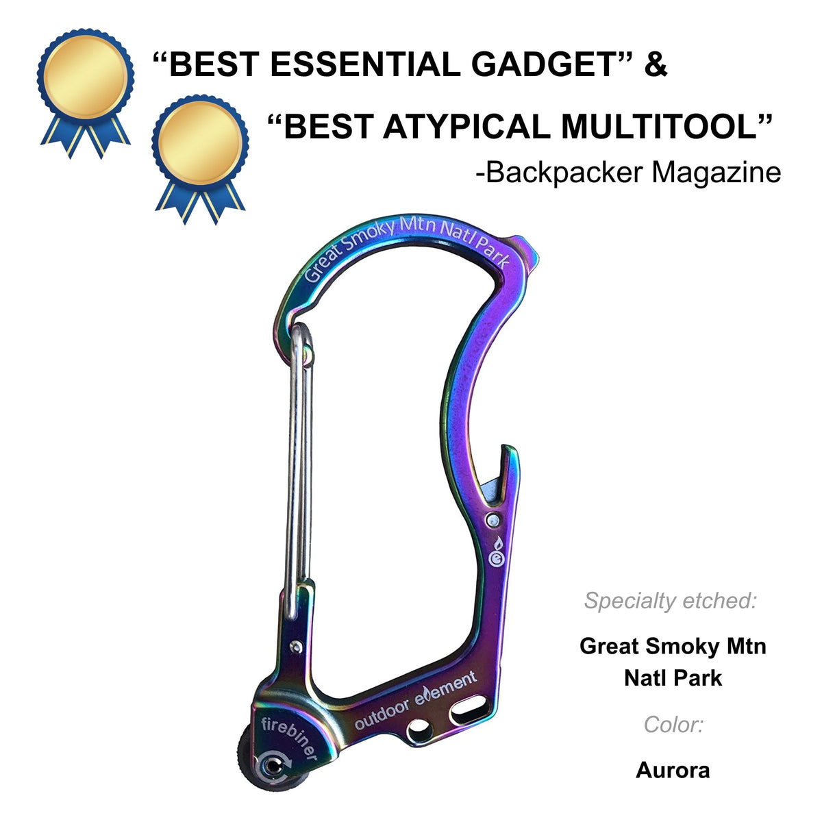 Firebiner fire-starting carabiner in Aurora, etched Great Smoky Mountains NP, Backpacker Magazine Best Essential Gadget